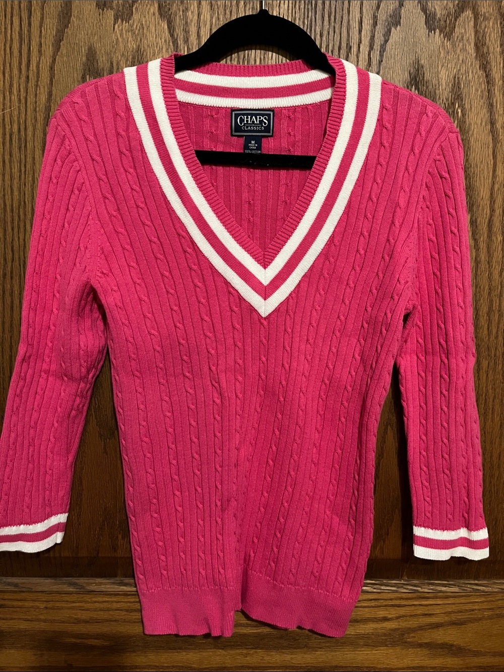 Chaps Women's Hot Pink Cable Knit V-Neck Sweater with White Trim